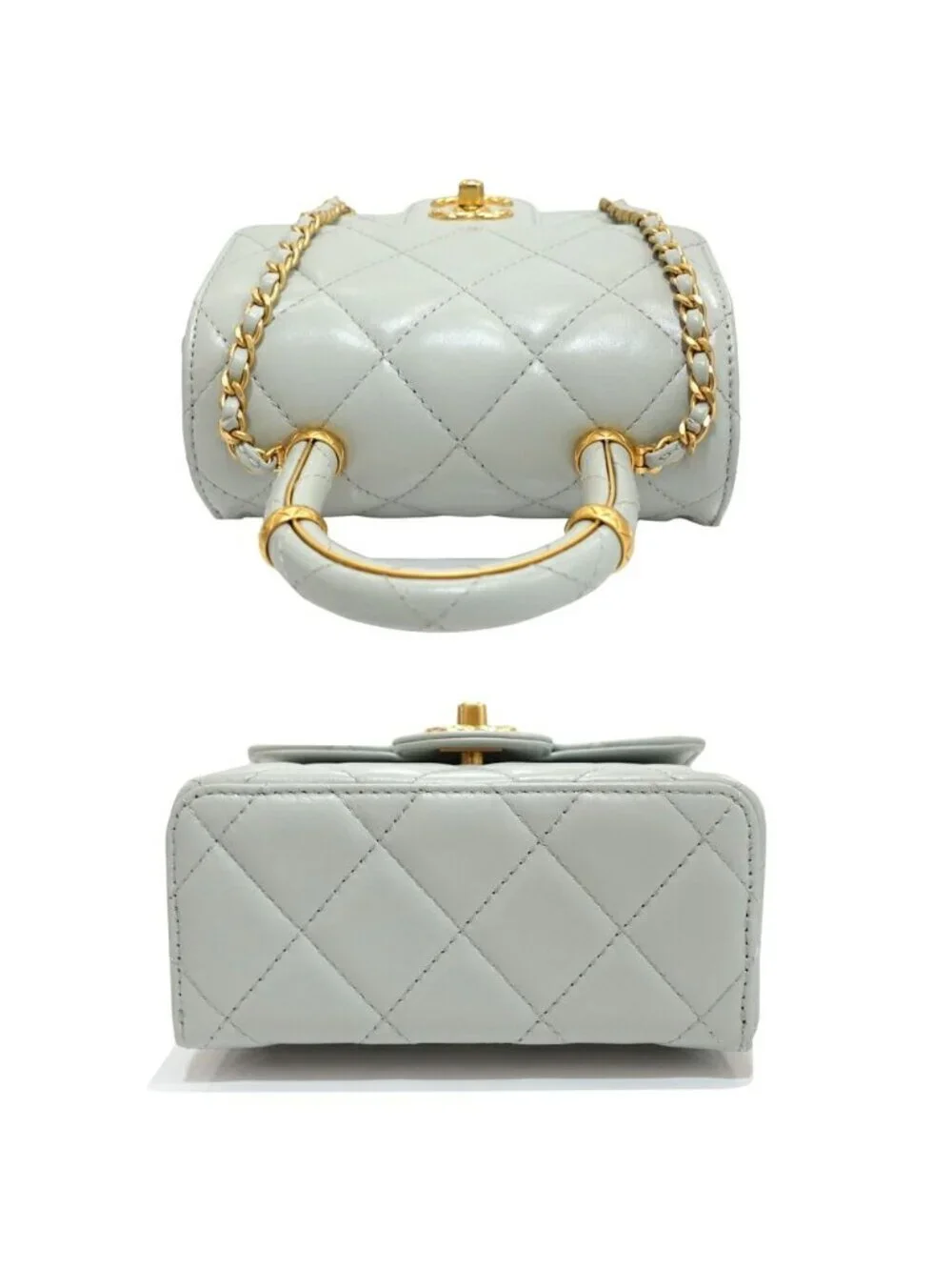 Chanel Top Handle Mini Flap Quilted Shoulder Bag Lambskin Light Blue